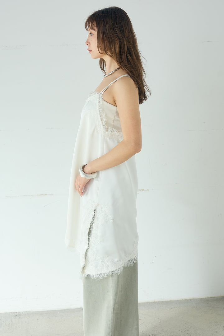 [SET]ナイロンボリュームWジップパーカーブルゾン+サテンレースアシメキャミ+細編みベルト付きパンツ+サテンレースアシメキャミ(3set)