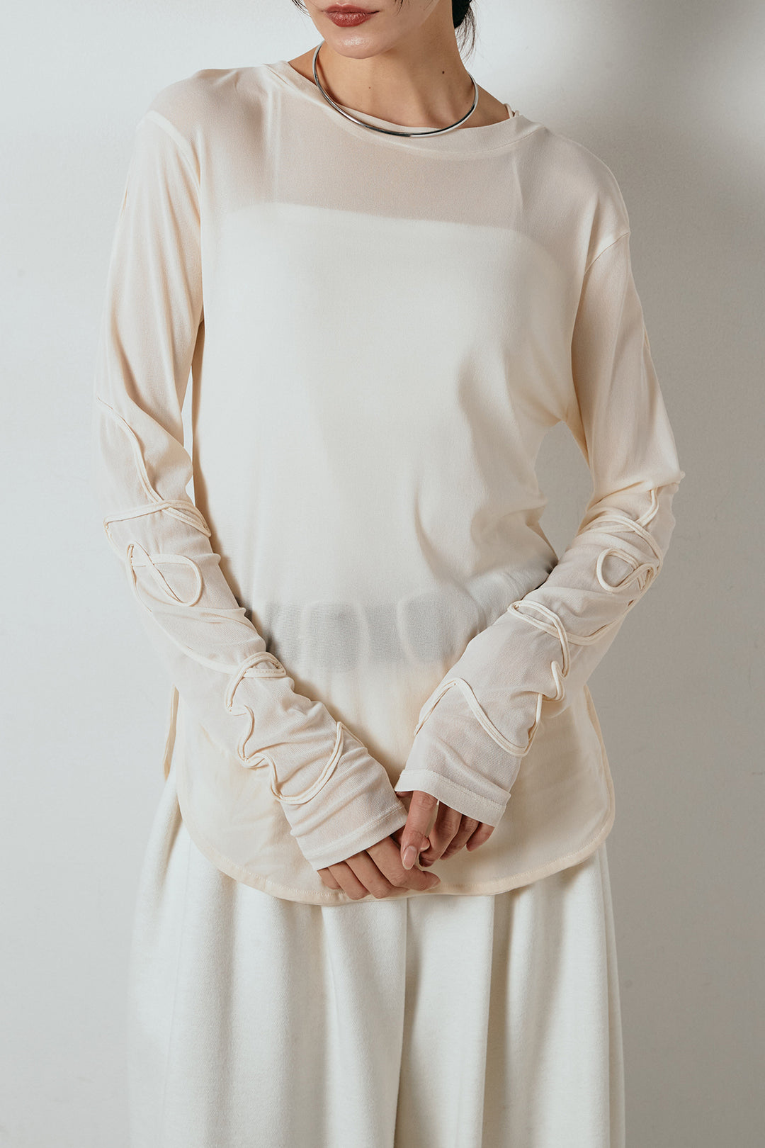 [SET]ビッグカラーケーブル編みニットトップス+2WAY袖コード刺繍クルーネックプルオーバー(2set)