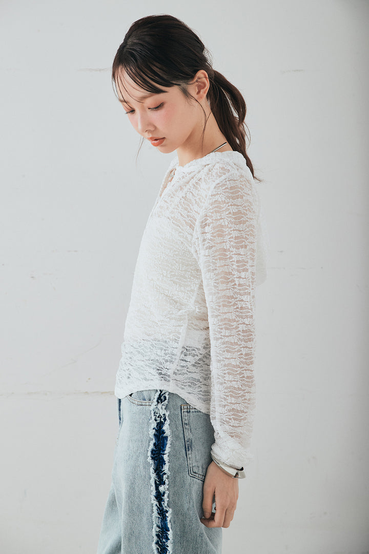 ストレッチレースフーディサムホールプルオーバー