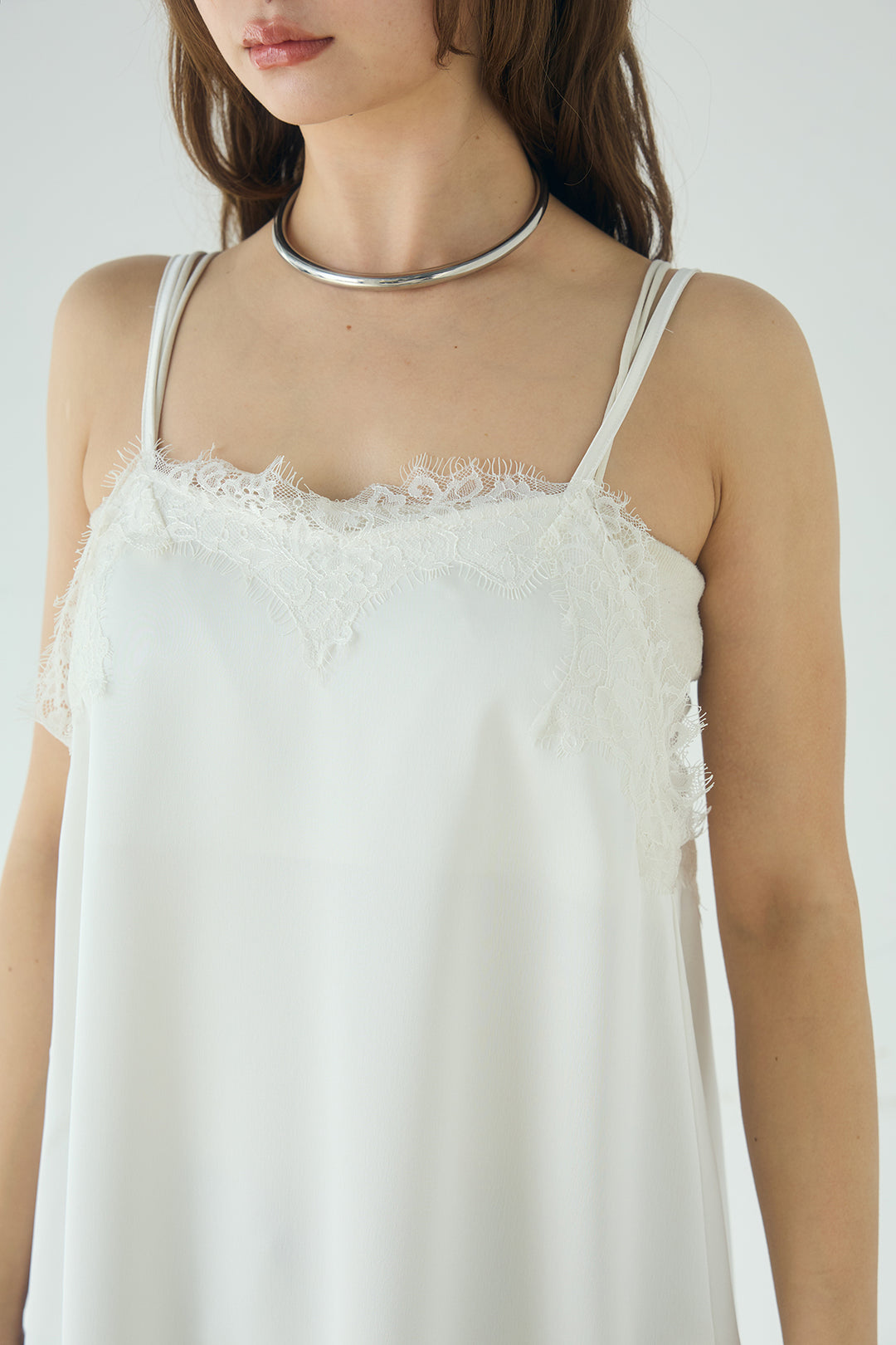 [SET]ナイロンボリュームWジップパーカーブルゾン+サテンレースアシメキャミ+細編みベルト付きパンツ+サテンレースアシメキャミ(3set)