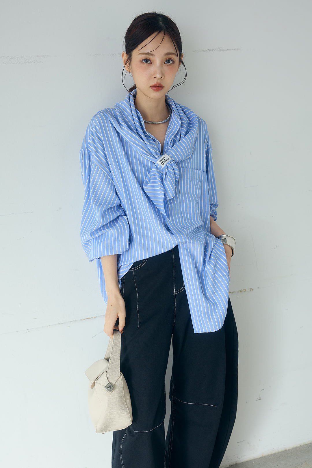 [SET]レーヨンストライプスカーフ+レーヨンストライプバンドカラー長袖シャツ(2set)