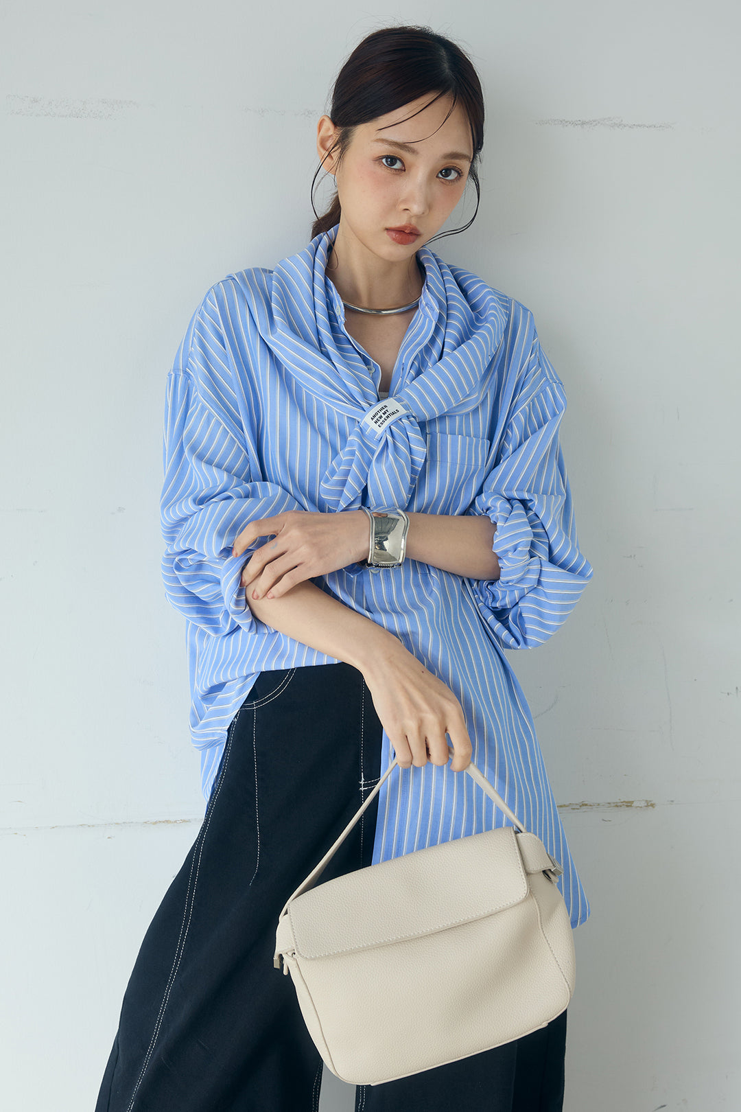 [SET]レーヨンストライプスカーフ+麻混タックワイドパンツ+レーヨンストライプバンドカラー長袖シャツ(3set)