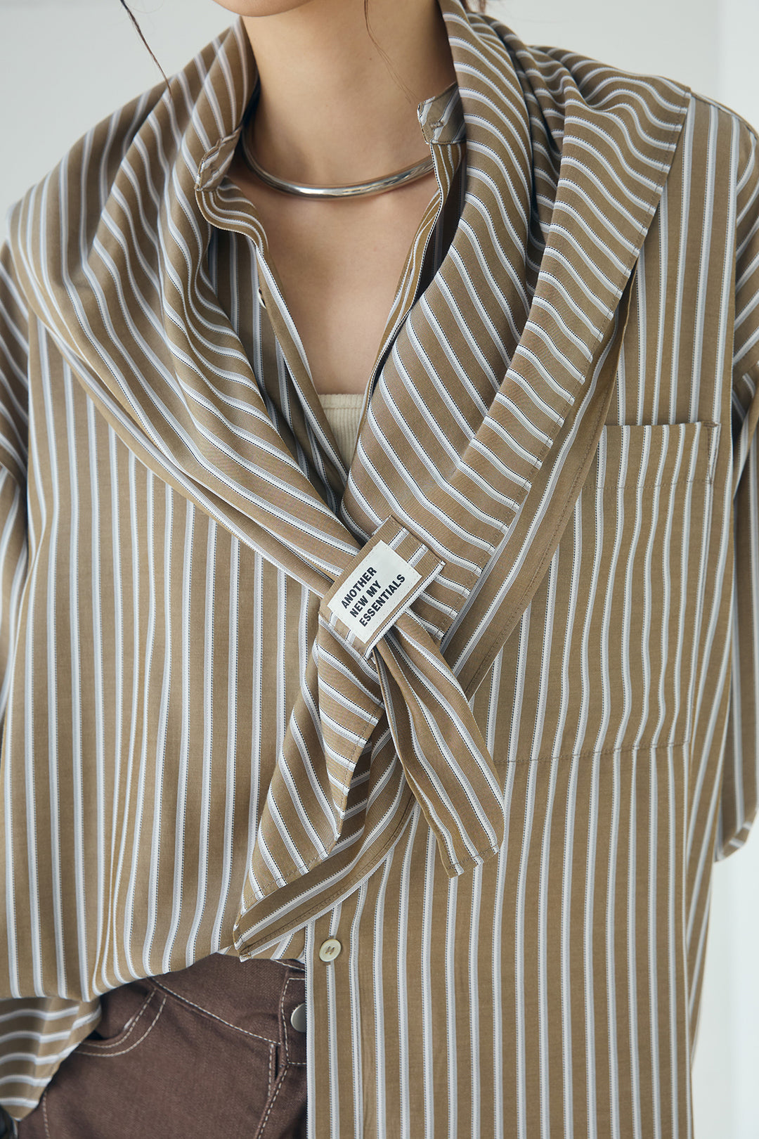 [SET]レーヨンストライプスカーフ+麻混タックワイドパンツ+レーヨンストライプバンドカラー長袖シャツ(3set)