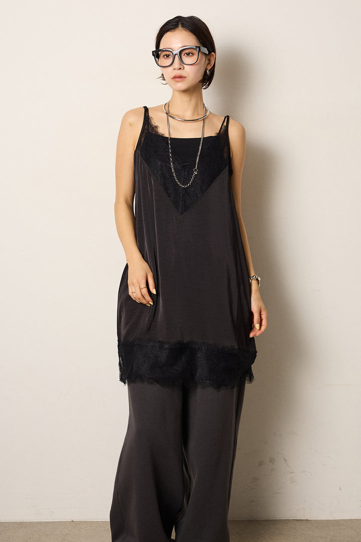 [SET]ボリュームスリーブミックスニットトップス+裏起毛スウェットワイドパンツ+レース切り替えキャミソール(3set)