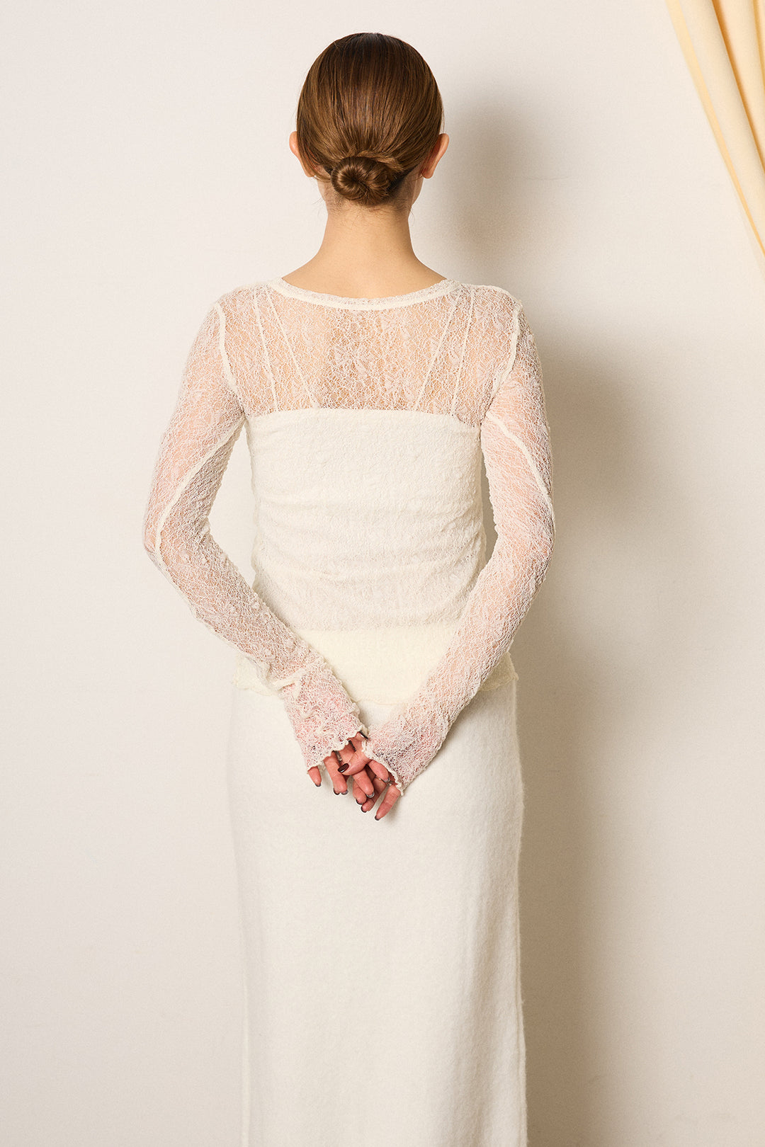 [SET]裏毛バックオープンプルオーバー+ストレッチレースクルーネックインナー+裏起毛スウェットワイドパンツ(3set)