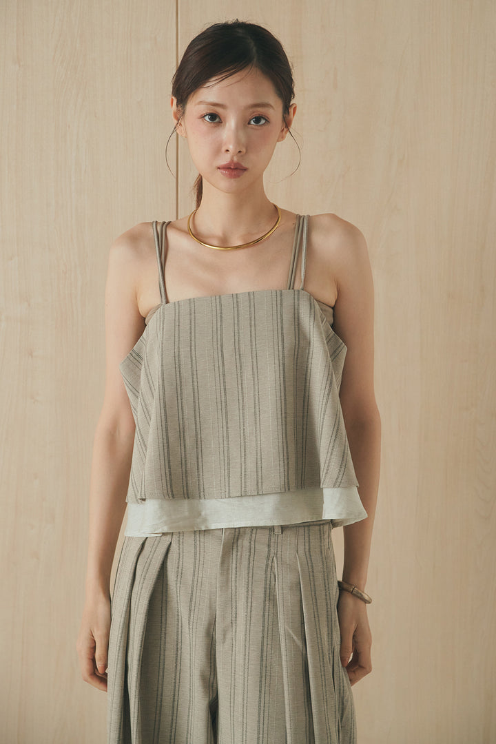 [SET]リネンストライプレイヤードキャミ+リネンストライプタックワイドパンツ(2set)