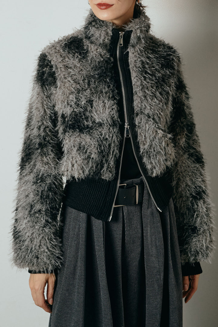 [SET]エコファースタンドカラーニュアンス柄ブルゾン+ベルトループコーデュロイワイドパンツ(2set)