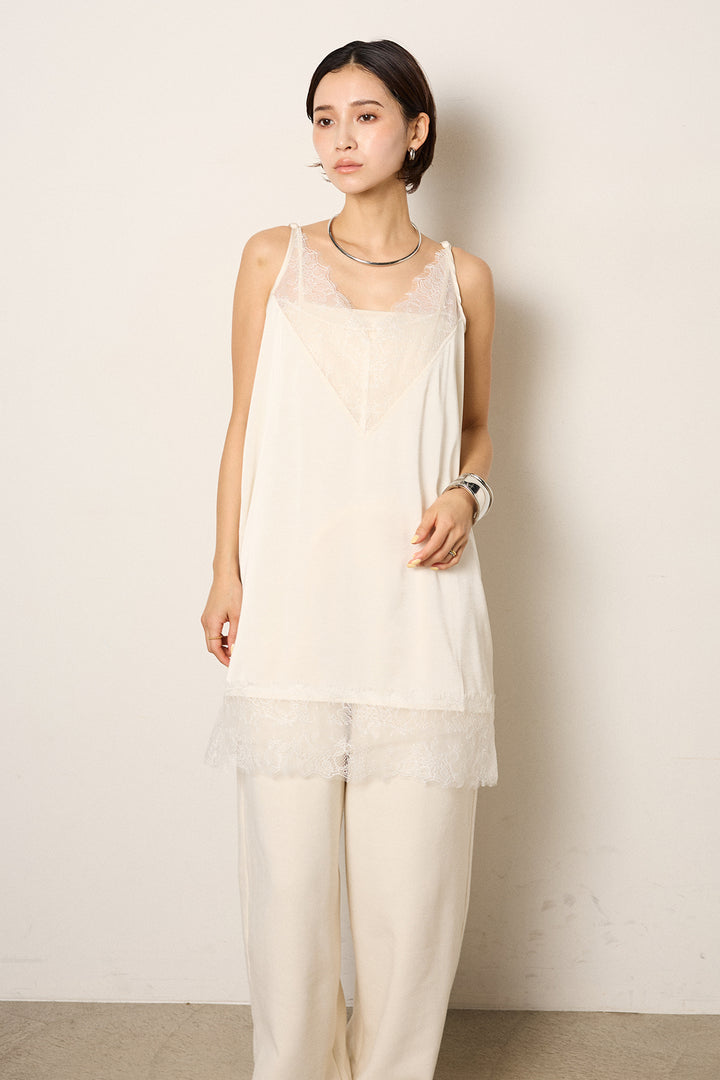 [SET]襟付きVネックニットトップス+レース切り替えキャミソール+センターラインニットパンツ(3set)