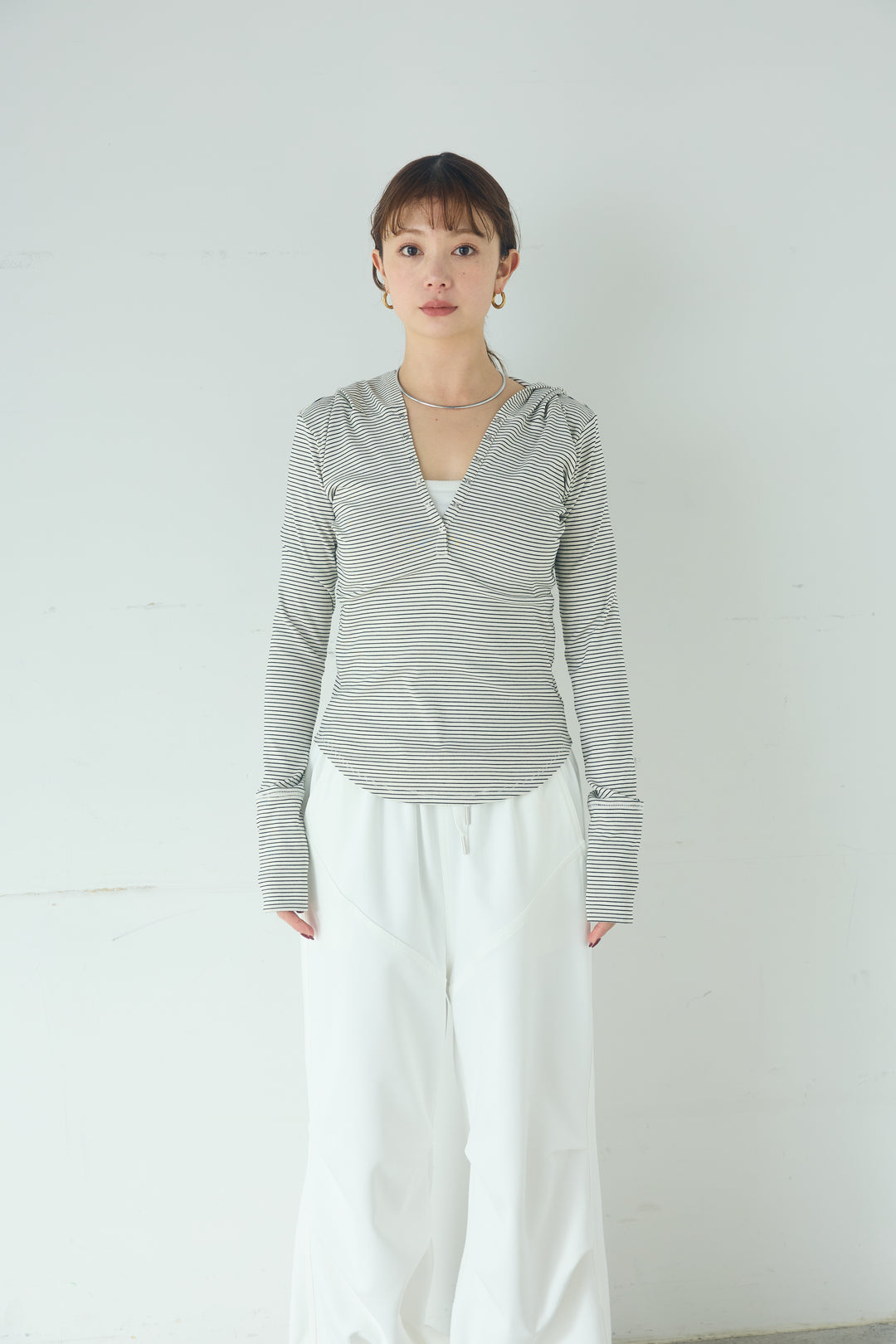 [SET]マルチ切り替えドルマンブルゾン+ランダムタックデザインワイドパンツ+ボーダーフーディーロンT(3set)