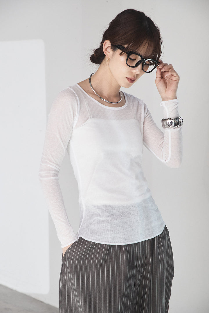 [SET]ビッグロゴHRU袖ボリュームトップス+リブシアークルーネック長袖トップス(2set)