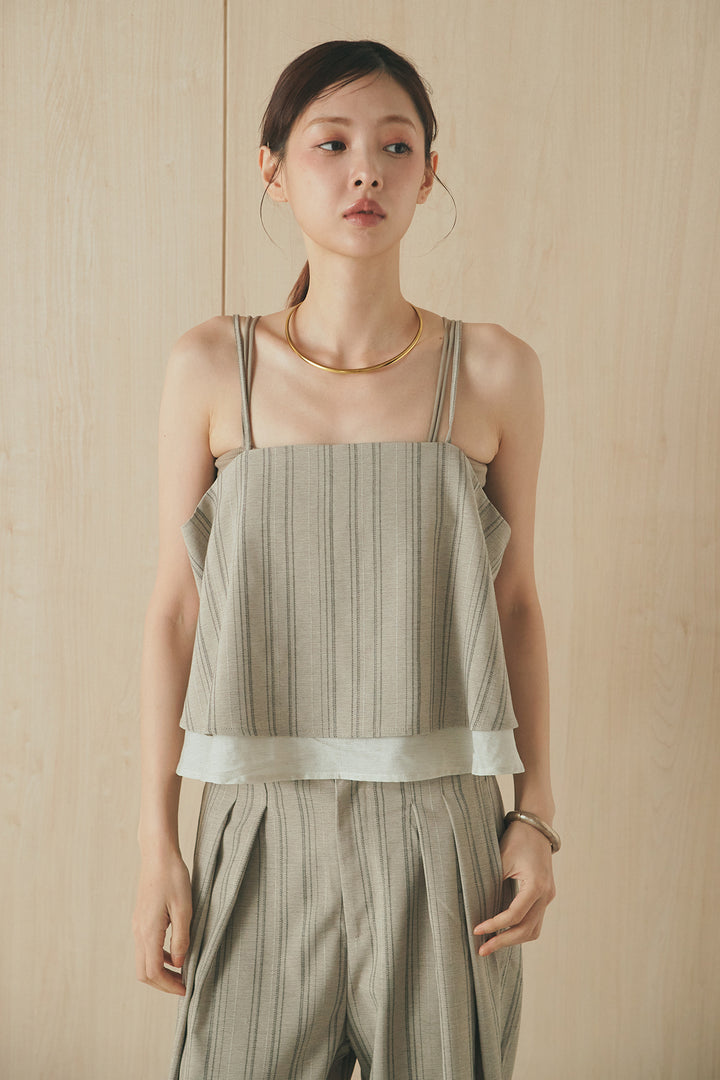 [SET]リネンストライプレイヤードキャミ+リネンストライプタックワイドパンツ(2set)