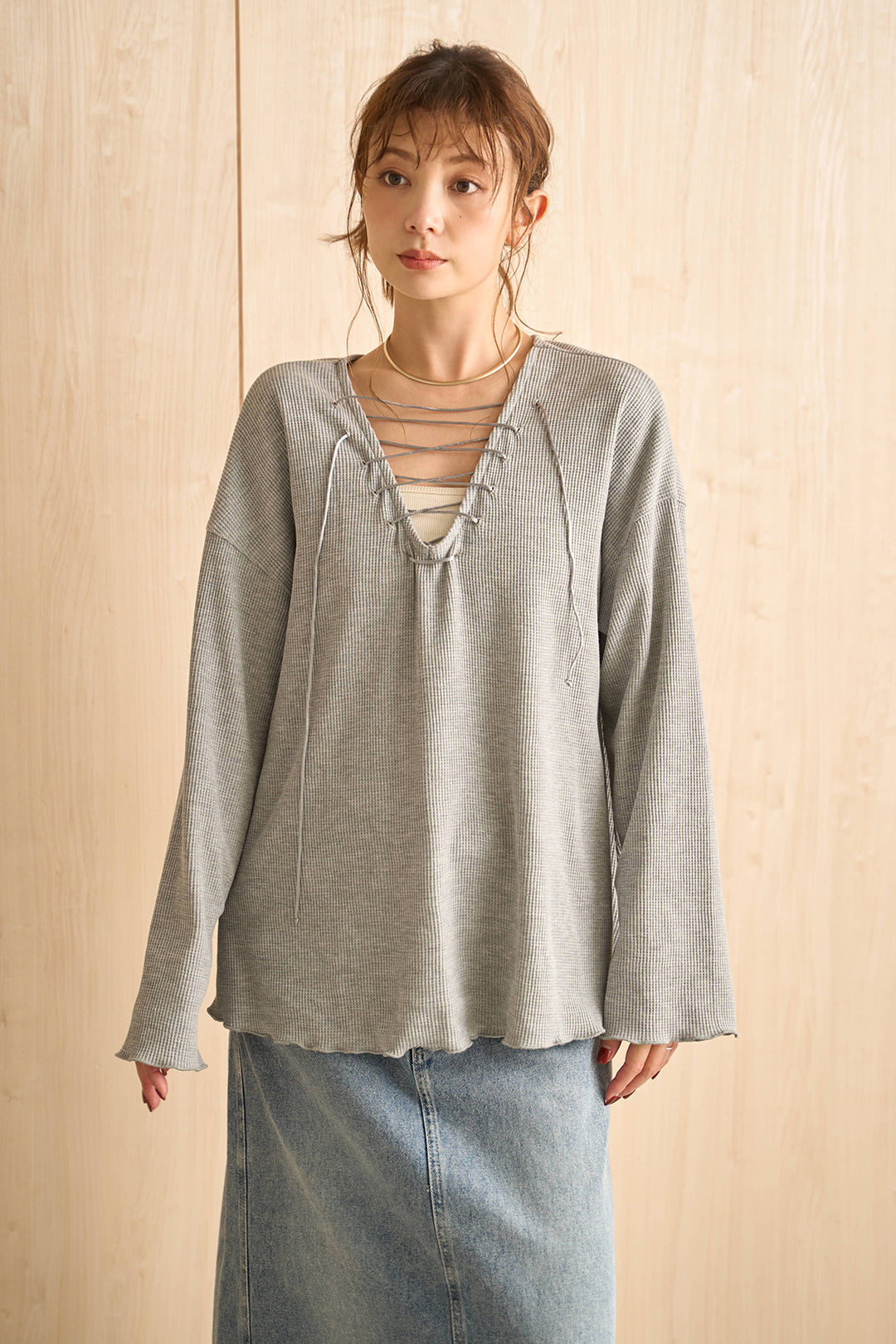 [SET]ファートリムフライトブルゾン+デニムロングフレアスカート+2WAYレースアップルーズプルオーバー(3set)