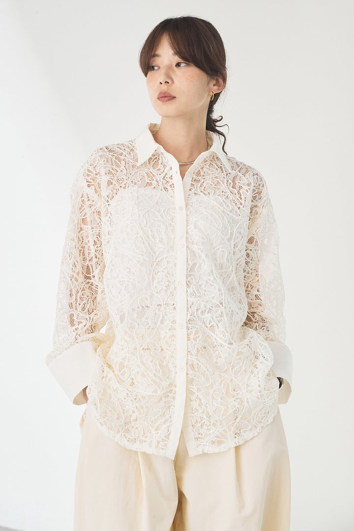 [SET]ナイロントレンチコート+刺繍レースオーバーサイズシャツ(2set)