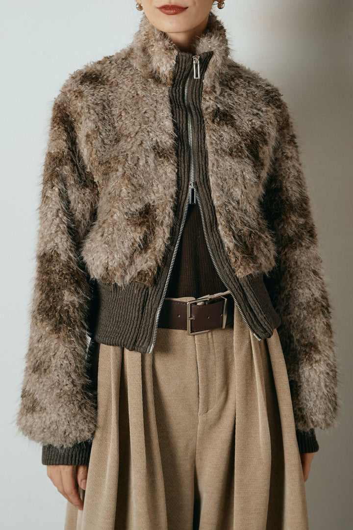 [SET]エコファースタンドカラーニュアンス柄ブルゾン+ベルトループコーデュロイワイドパンツ(2set)