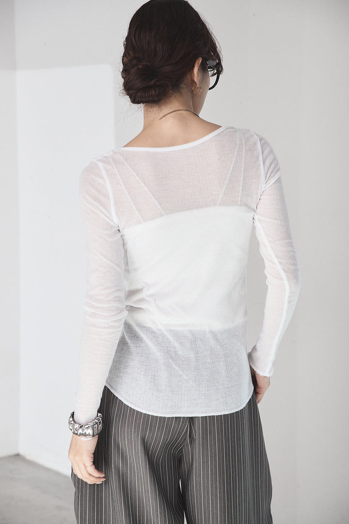 [SET]ビッグロゴHRU袖ボリュームトップス+リブシアークルーネック長袖トップス+ヘリンボーンストライプツータックパンツ(3set)