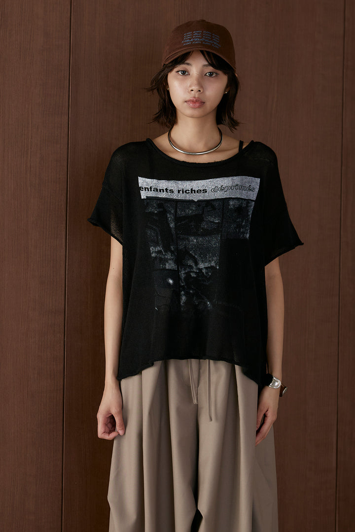 [SET]半袖モノトーングラフィックトップス+ベルトループデザインハイウエストタックパンツ(2set)