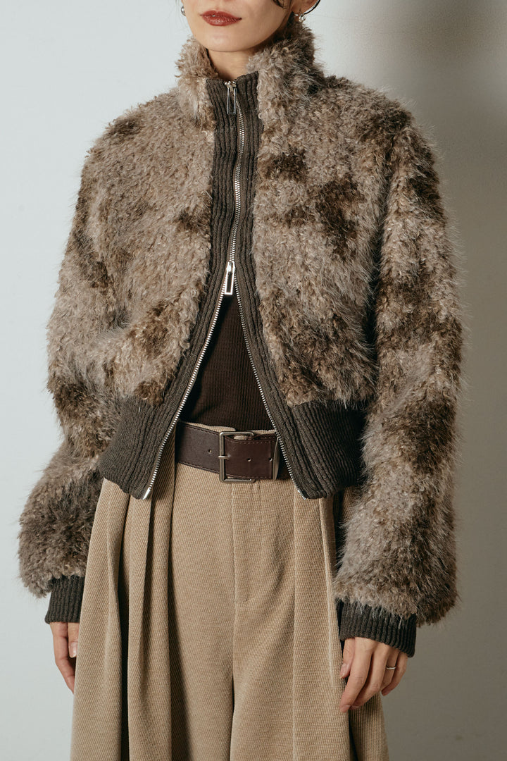 [SET]エコファースタンドカラーニュアンス柄ブルゾン+ベルトループコーデュロイワイドパンツ(2set)