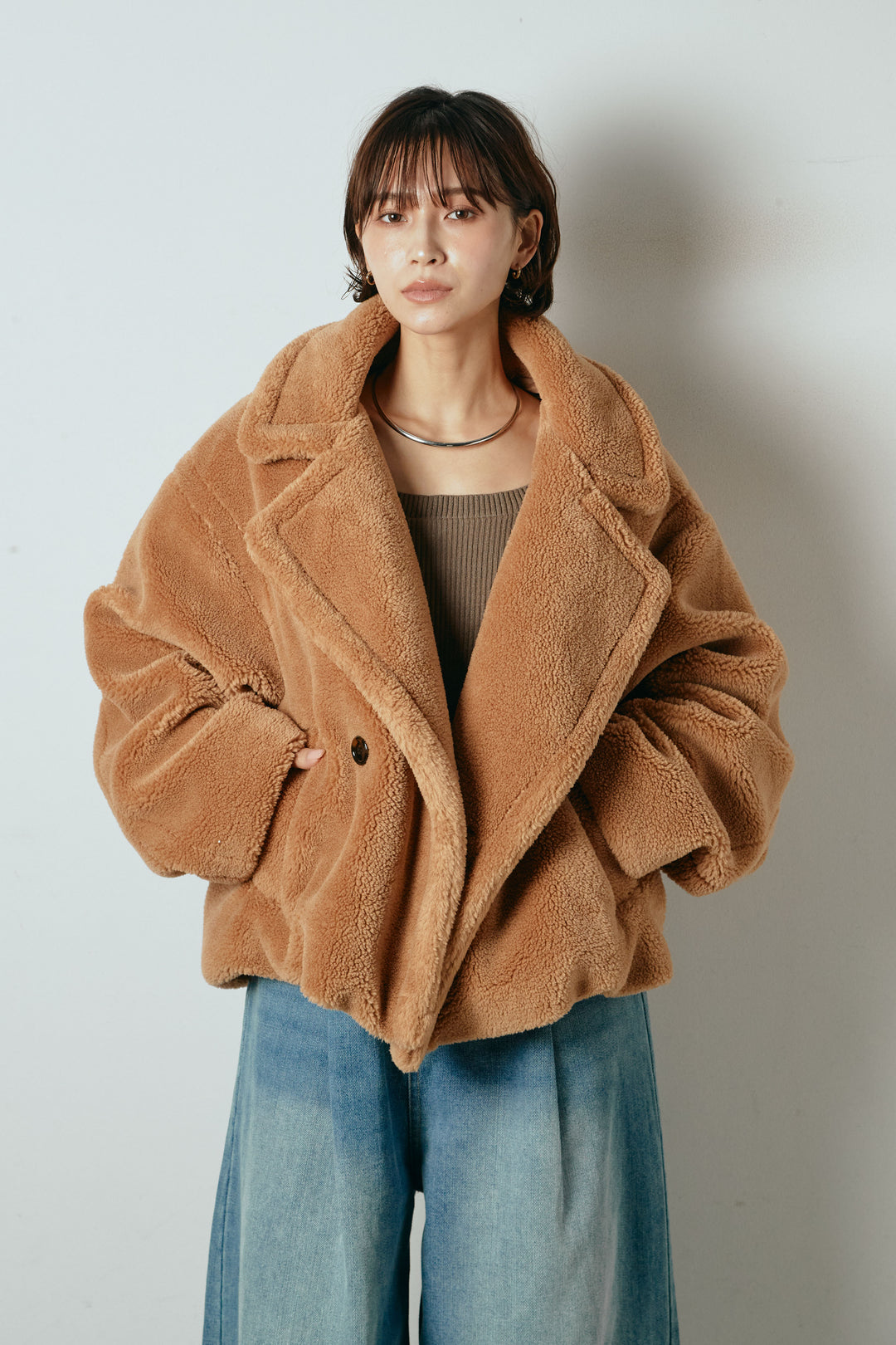 【2月中旬発送】
[SET]テディボアショートジャケット+加工デニムタックコクーンワイドパンツ(2set)