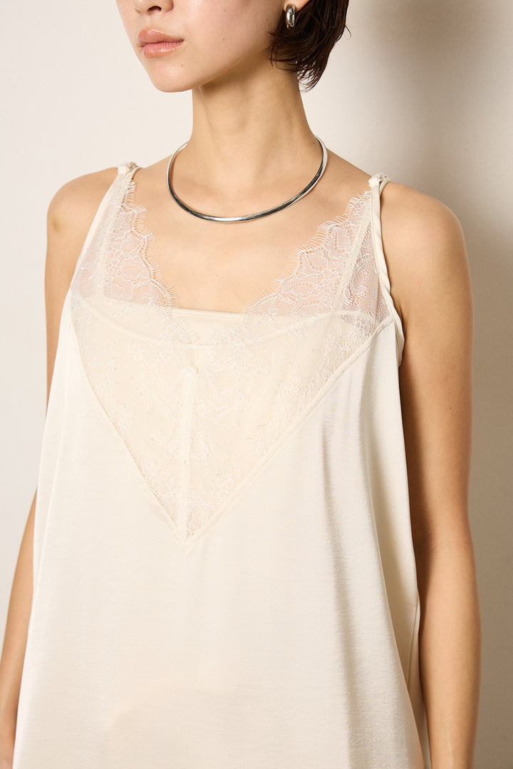 [SET]ボリュームスリーブミックスニットトップス+レース切り替えキャミソール(2set)