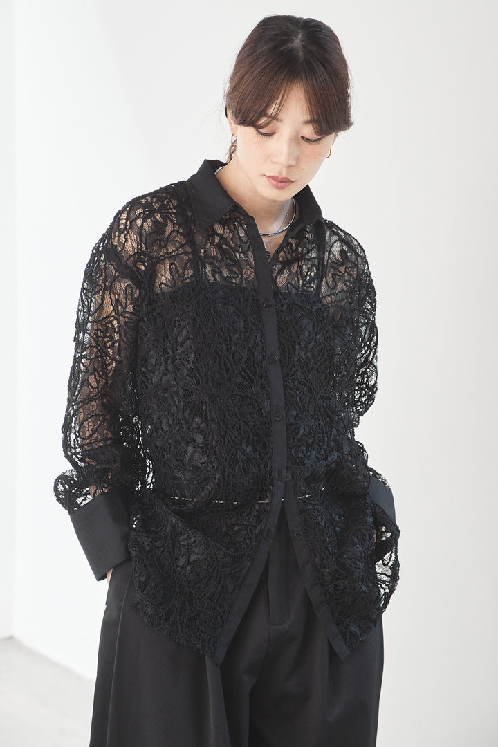 [SET]刺繍レースオーバーサイズシャツ+合繊ツイルパイピングタックカーブパンツ(2set)