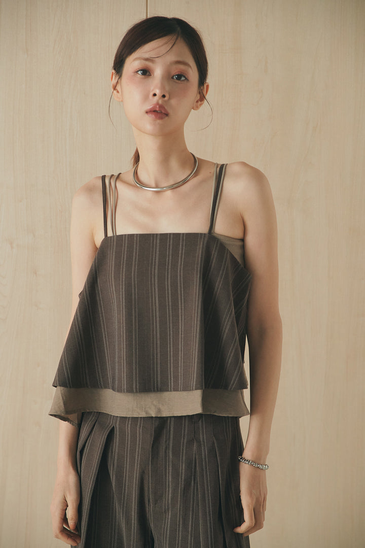 [SET]リネンストライプレイヤードキャミ+リネンストライプタックワイドパンツ(2set)