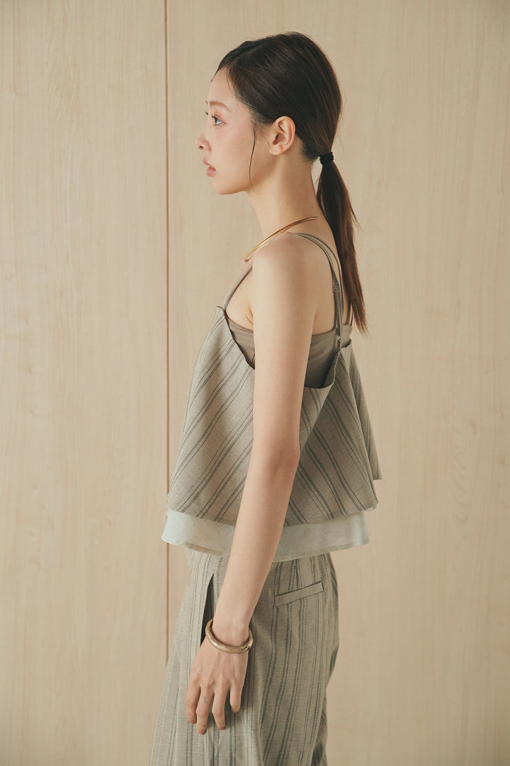 [SET]リネンライクテーラードハーフスリーブジャケット+リネンストライプタックワイドパンツ+リネンストライプレイヤードキャミ(3set)