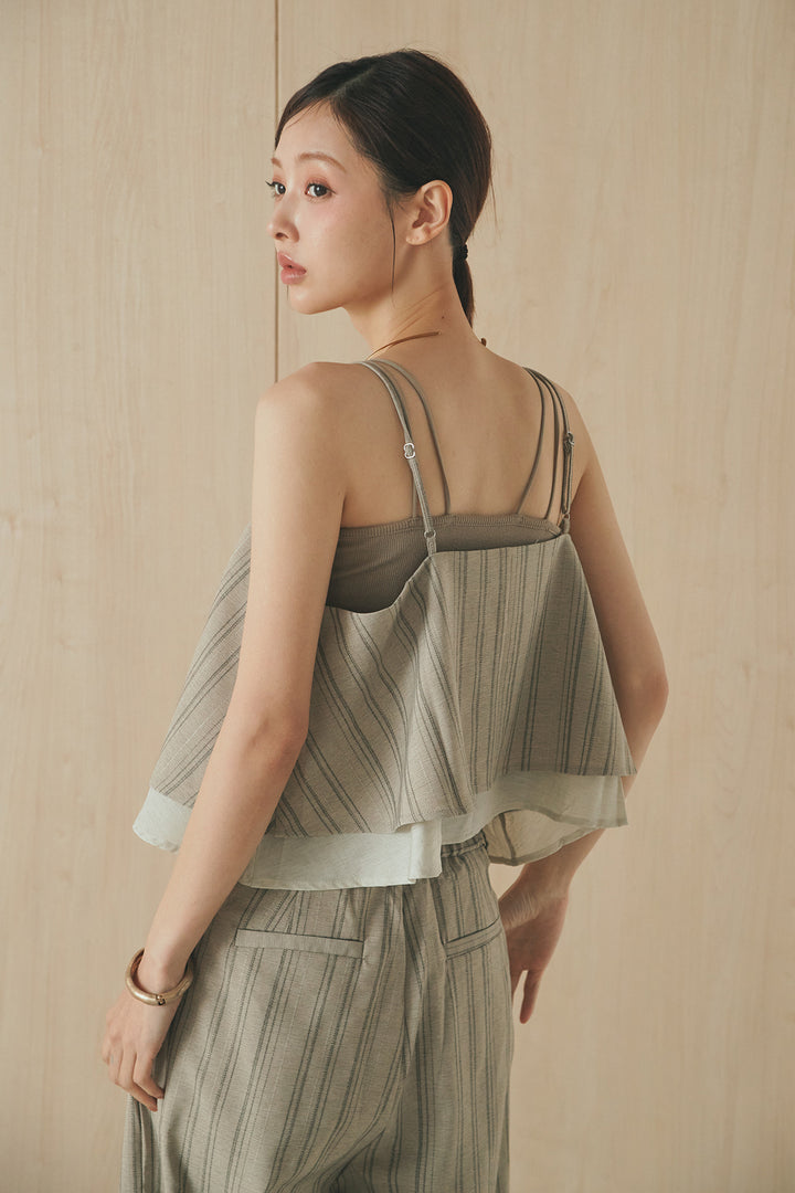 [SET]リネンストライプレイヤードキャミ+リネンストライプタックワイドパンツ(2set)