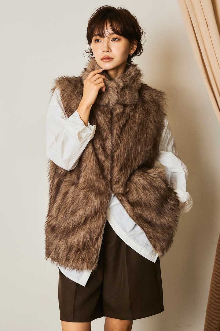 [SET]フェイクファースタンドジレ+ヘザーエステルタックハーフパンツ(2set)