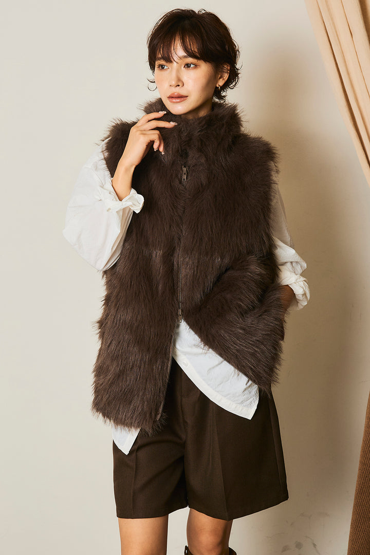 [SET]フェイクファースタンドジレ+ロープ紐付きリブニットワンピース(2set)