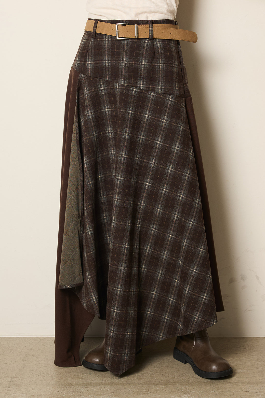 [SET]深Vネックチョウチョヤーンニットトップス+フェイクレザーベルト付き切り替えタータンチェックスカート(2set)