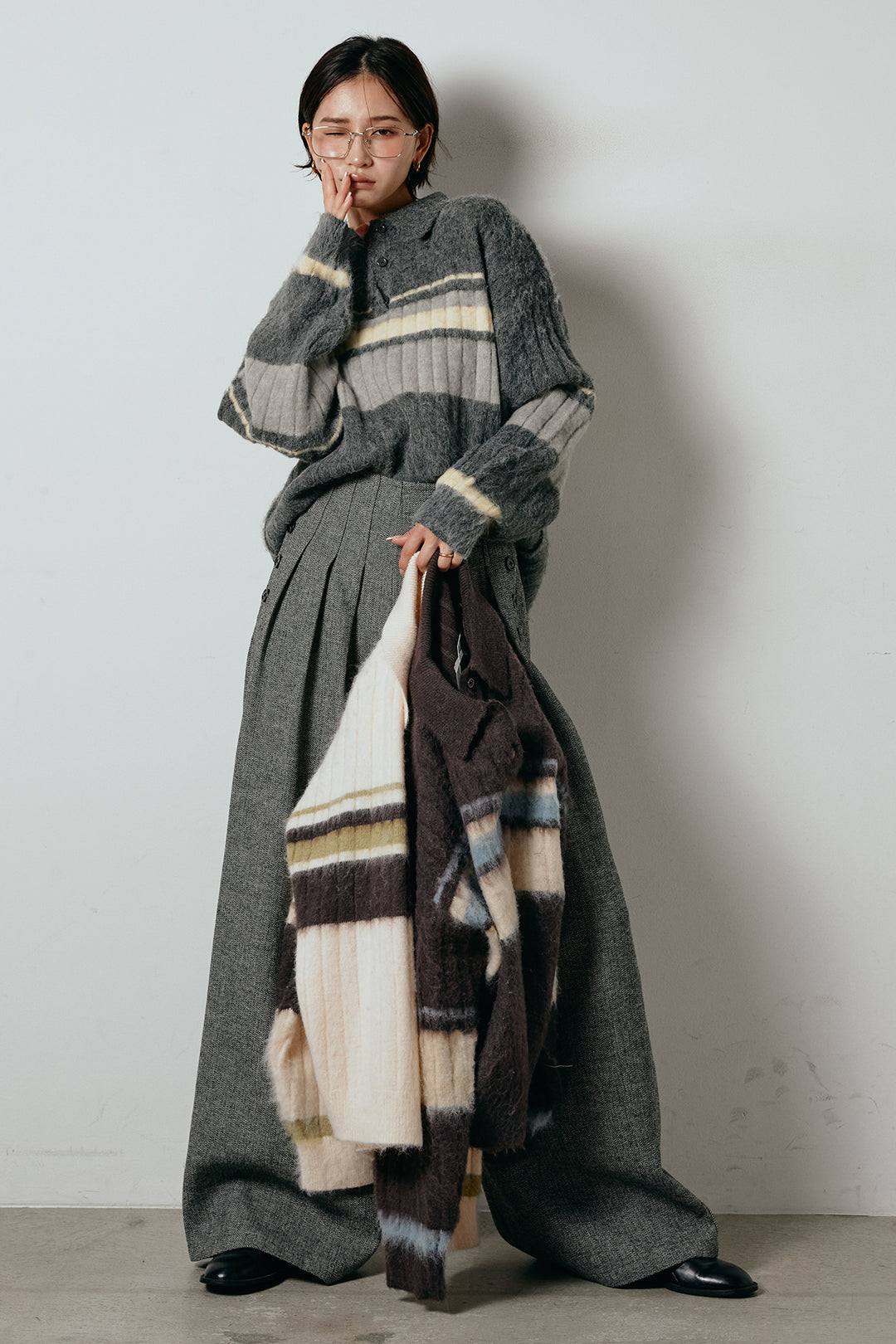 アルパカタッチボーダーポロニット/アイボリー