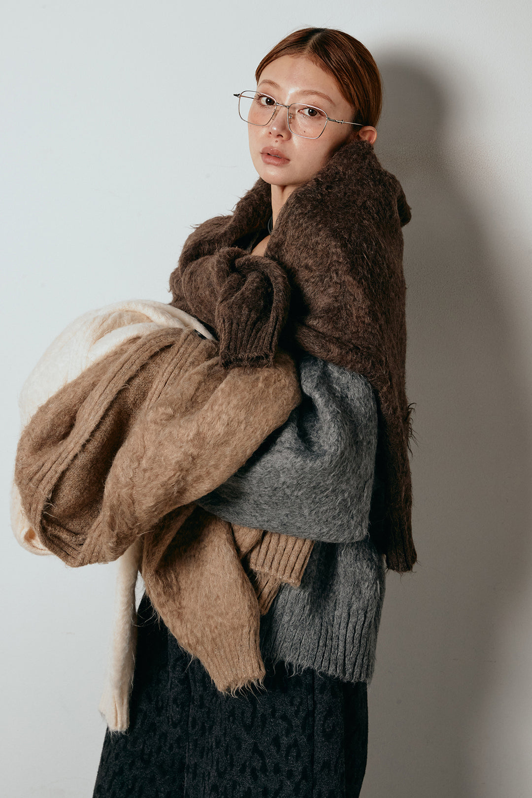 起毛ボタンニットカーディガン/コーヒー