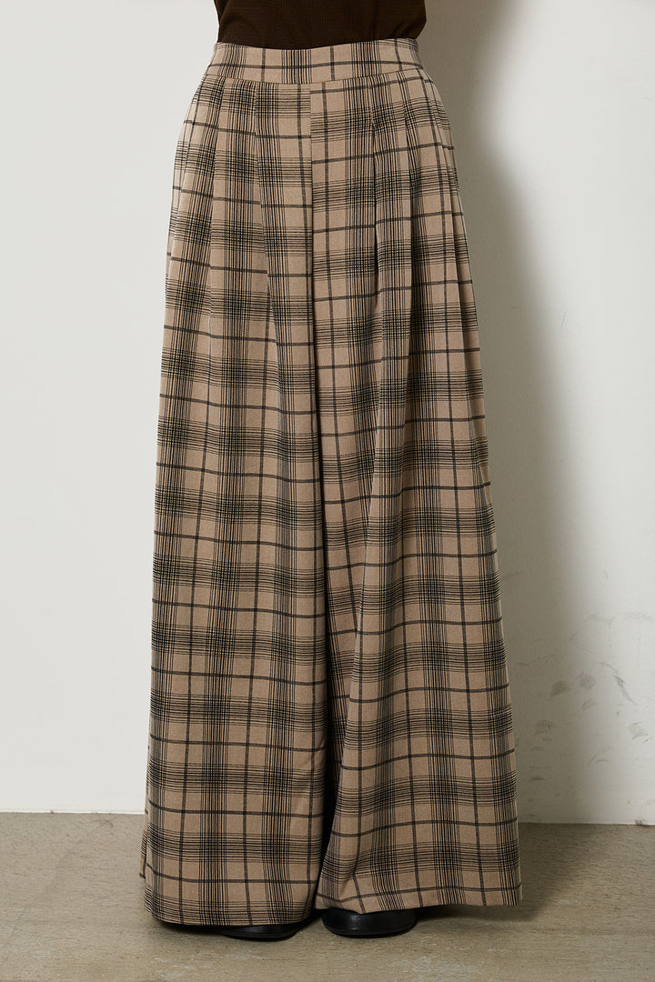 [SET]フェイクレザージップトップス+タータンワイドチェックパンツ(2set)