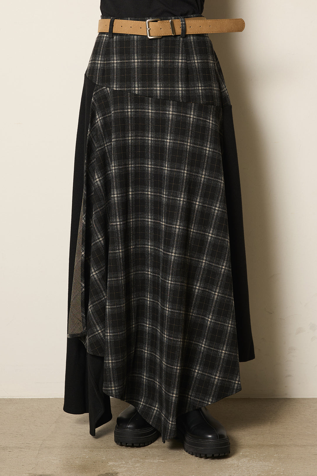 [SET]ニットドッキングデニムシャツ+フェイクレザーサイドベルトワイドパンツ+フェイクレザーベルト付き切り替えタータンチェックスカート(3set)
