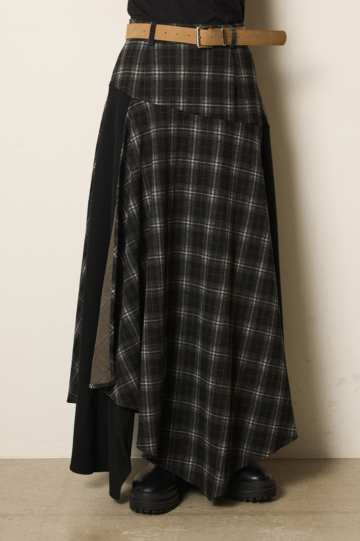 [SET]ニットドッキングデニムシャツ+フェイクレザーサイドベルトワイドパンツ+フェイクレザーベルト付き切り替えタータンチェックスカート(3set)
