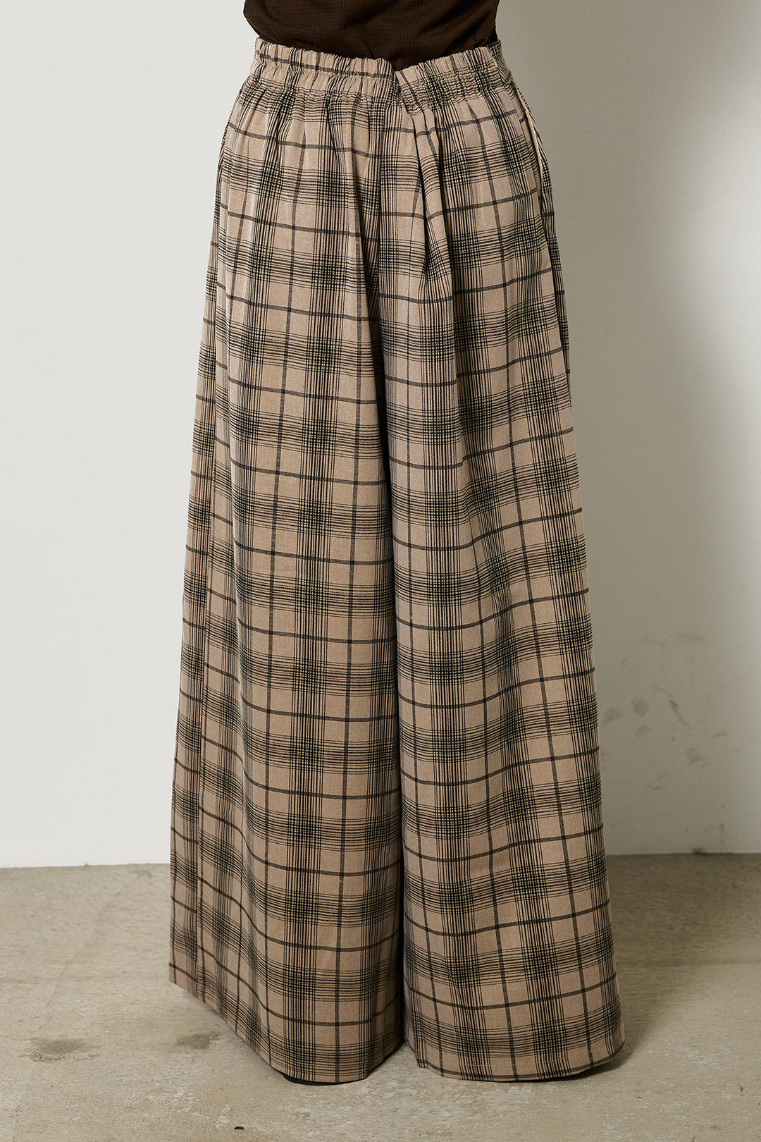[SET]フェイクレザージップトップス+タータンワイドチェックパンツ(2set)