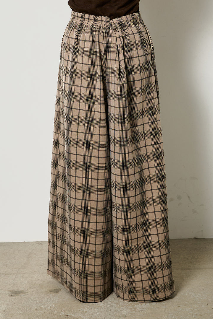 [SET]フェイクレザージップトップス+タータンワイドチェックパンツ(2set)