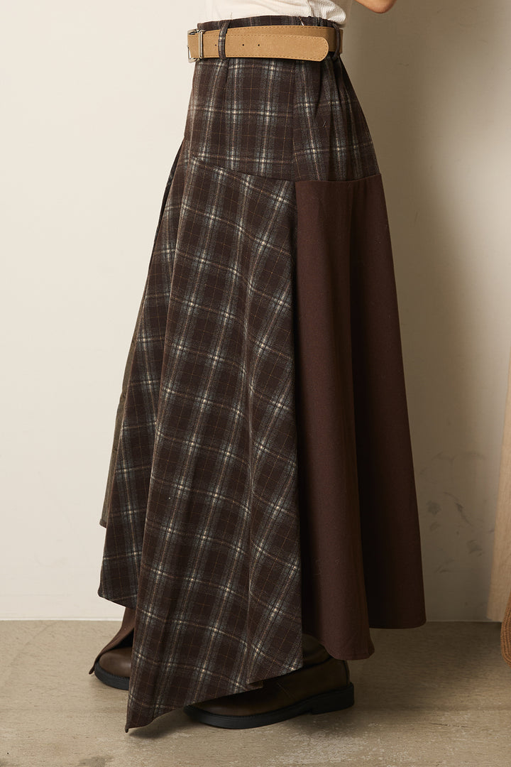 [SET]深Vネックチョウチョヤーンニットトップス+フェイクレザーベルト付き切り替えタータンチェックスカート(2set)