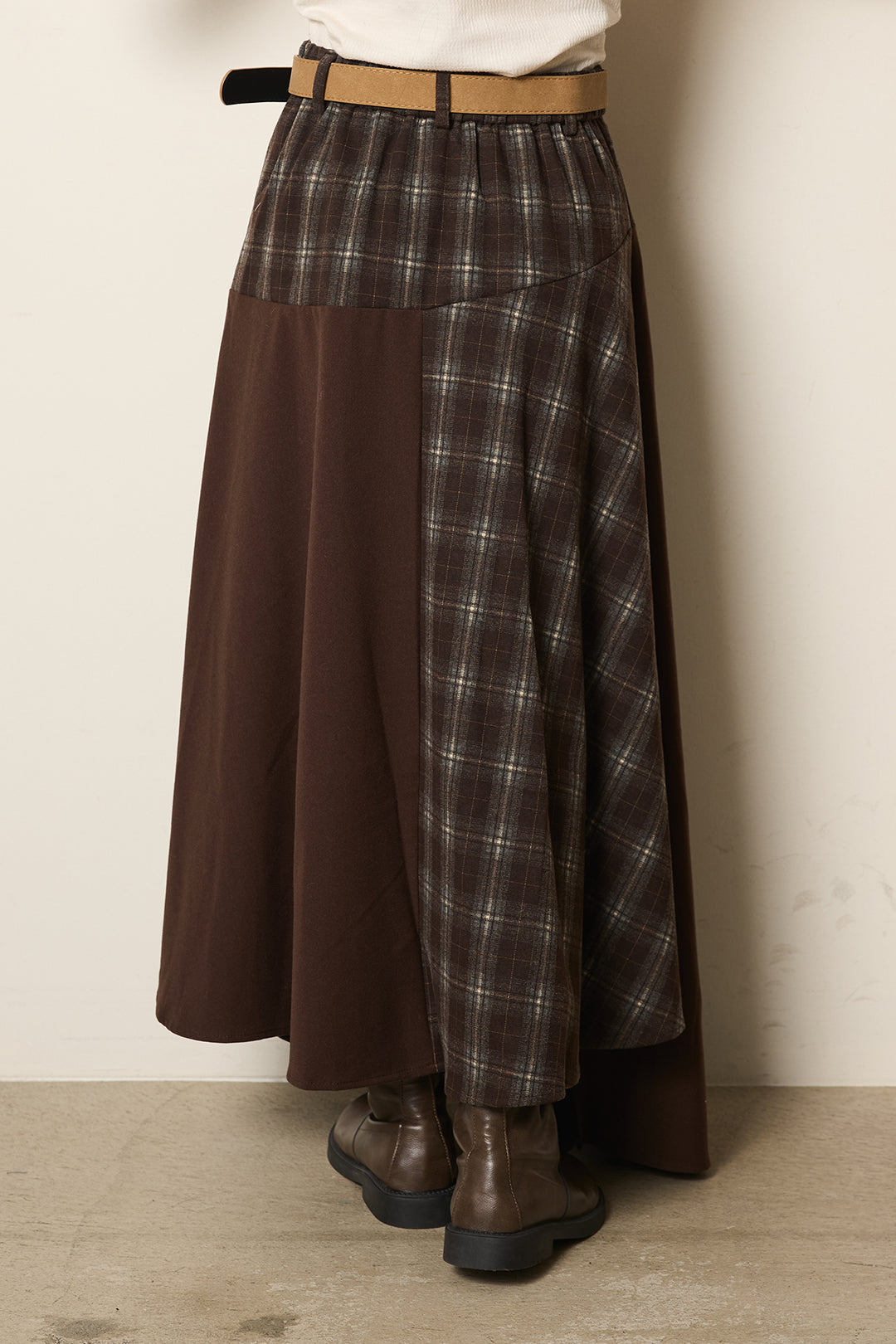 [SET]ニットドッキングデニムシャツ+フェイクレザーサイドベルトワイドパンツ+フェイクレザーベルト付き切り替えタータンチェックスカート(3set)