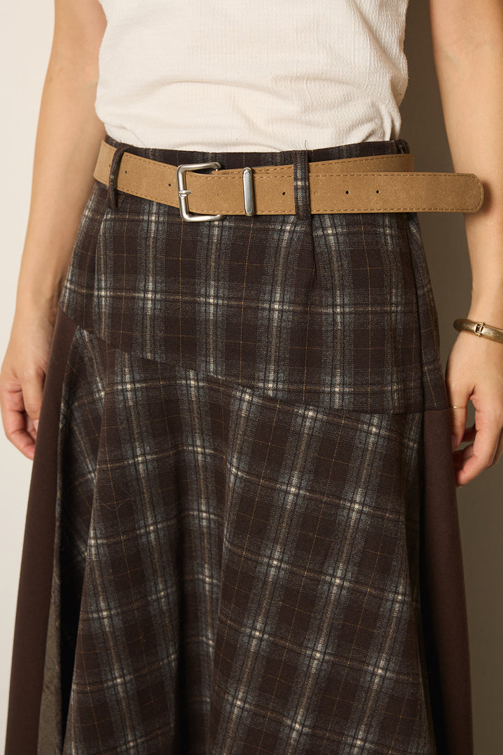 [SET]グラデーションラメニットキーネックプルオーバー+フェイクレザーベルト付き切り替えタータンチェックスカート(2set)