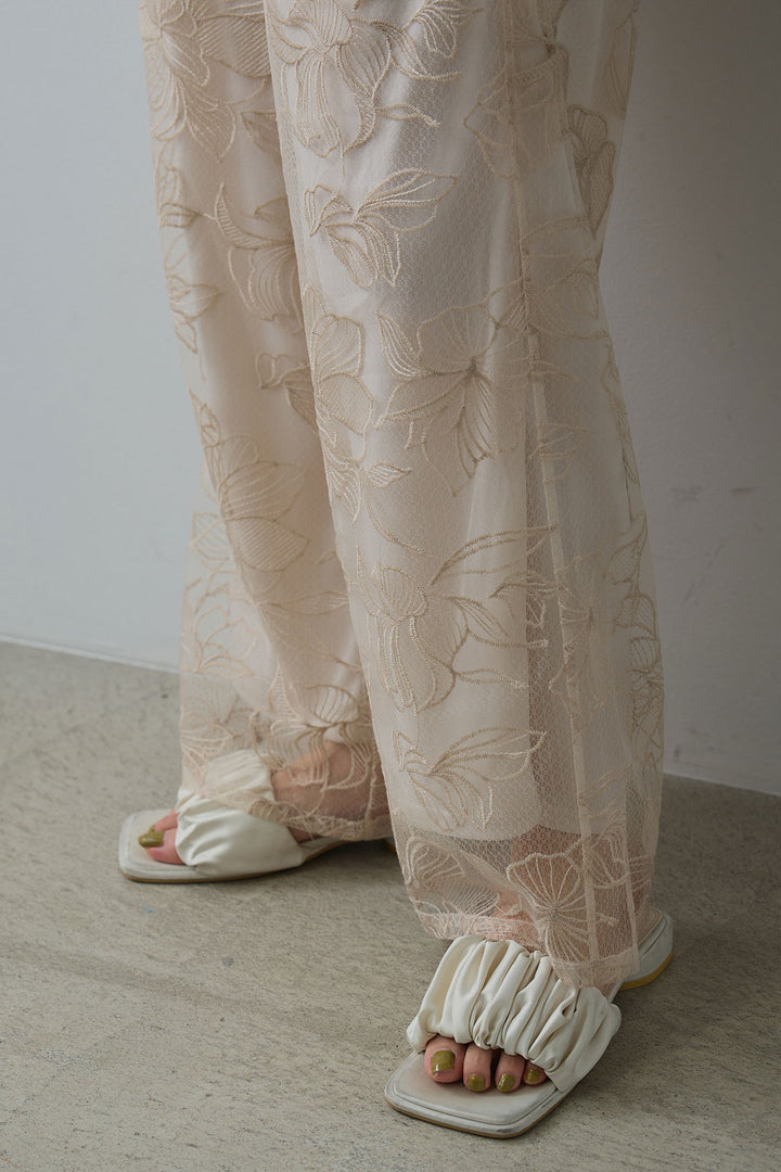 [SET]クレープノースリーブダブルジレ+チュール花柄刺繍ワイドパンツ(2set)