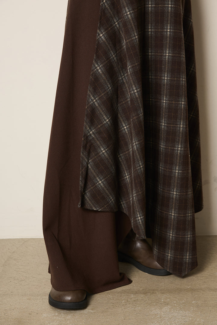 [SET]深Vネックチョウチョヤーンニットトップス+フェイクレザーベルト付き切り替えタータンチェックスカート(2set)