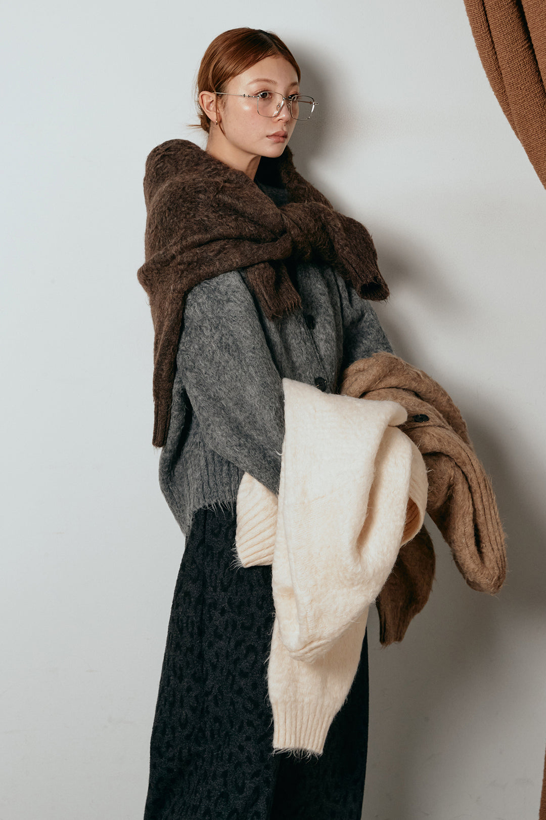 起毛ボタンニットカーディガン/カーキ