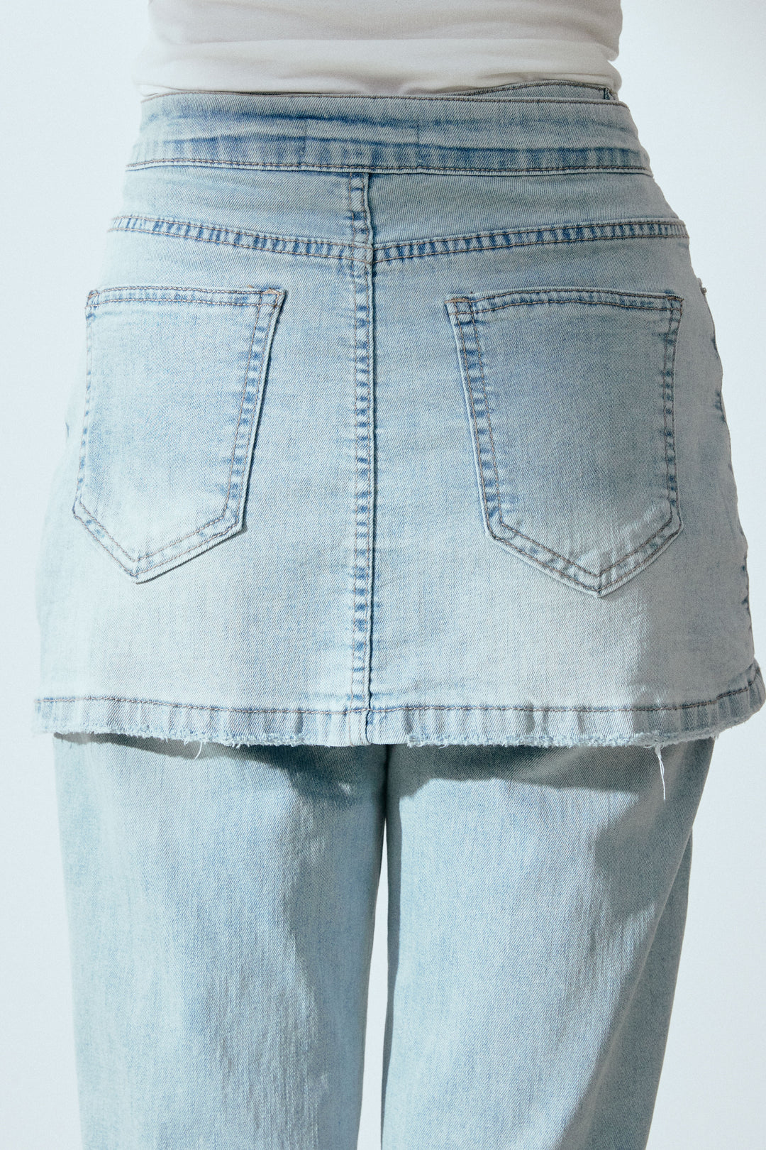 [SET]Vネックニットタンク+レイヤードスカートデニムパンツ(2set)