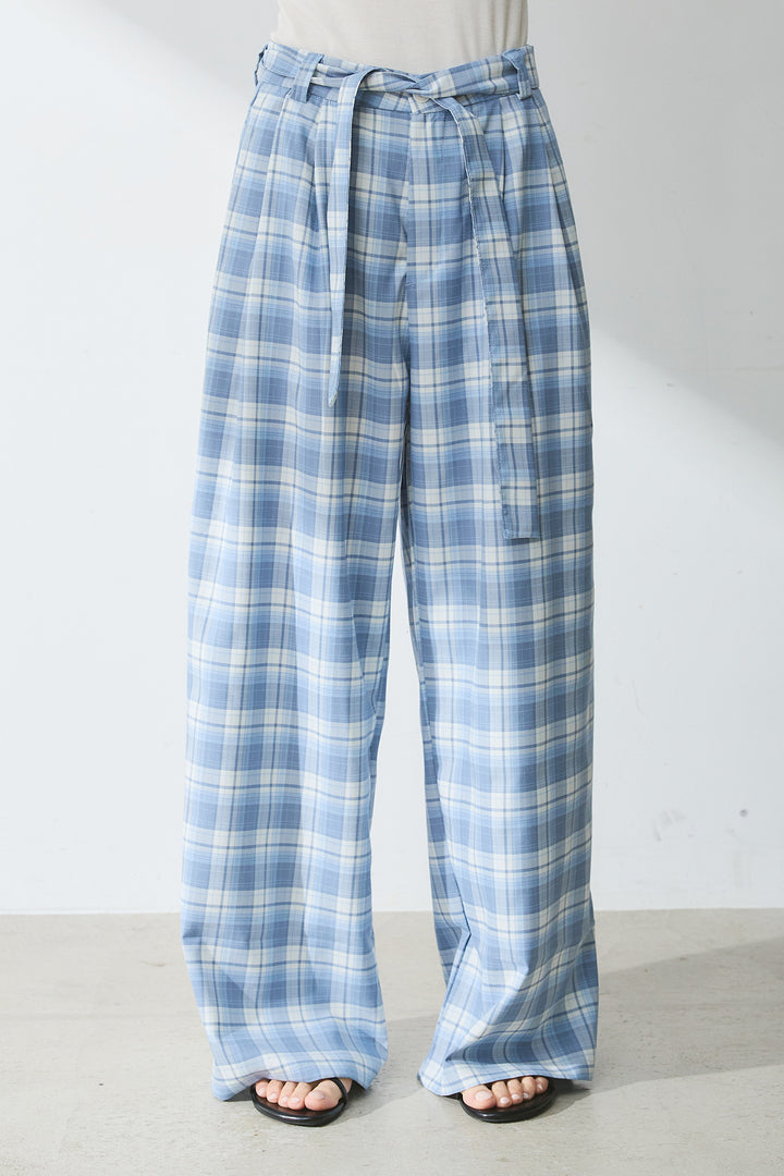 [SET]シュシュ付きサイドギャザーノースリーブ+オンブレーチェックワイドパンツ(2set)