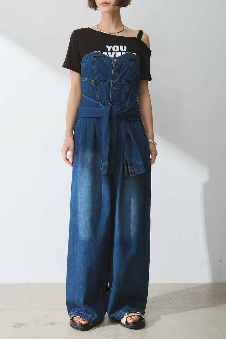 [SET]テキストロゴワンショルTシャツ+2WAYデニムベアサロペット(2set)