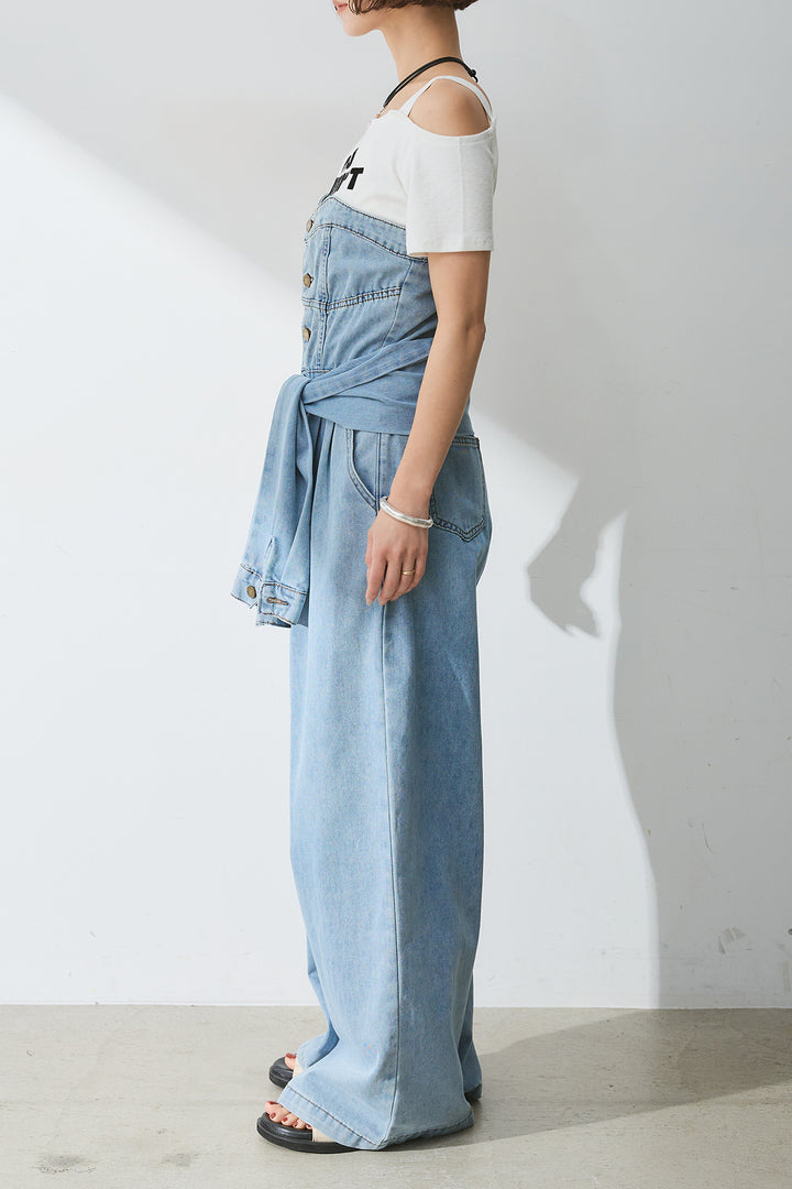 [SET]テキストロゴワンショルTシャツ+2WAYデニムベアサロペット(2set)