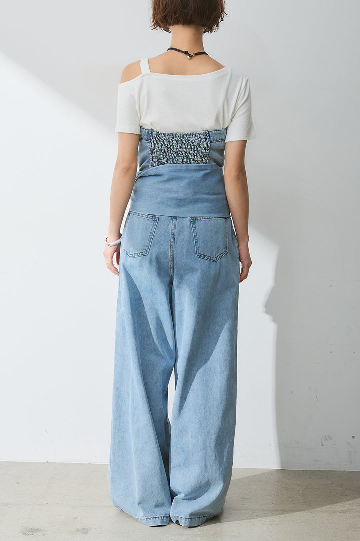 [SET]テキストロゴワンショルTシャツ+2WAYデニムベアサロペット(2set)