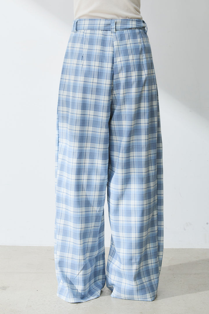 [SET]シュシュ付きサイドギャザーノースリーブ+オンブレーチェックワイドパンツ(2set)