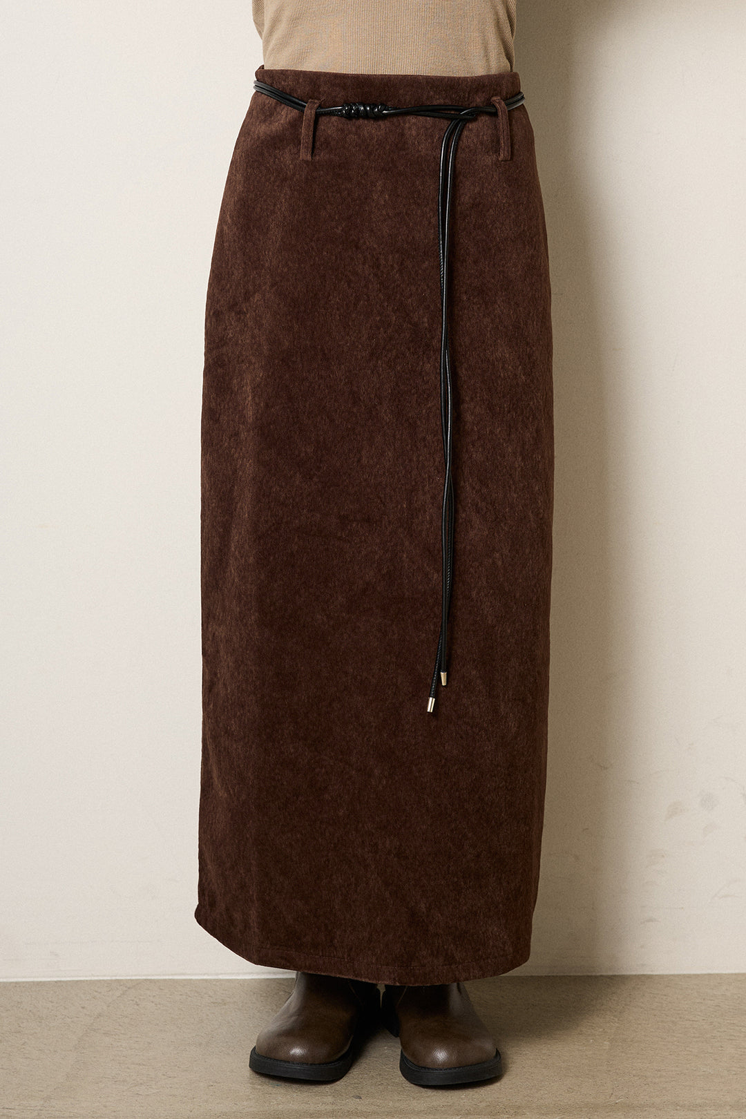 [SET]アクリルモヘアアーガイルキーネックプルオーバー+ロープベルト付きスウェード調スカート(2set)